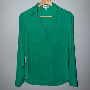 Express Portofino Shirt XS Green Roll Tab Sleeve Button Front Blouse